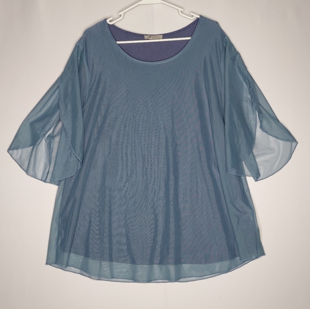 Sese Code Women Sheer Overlay‎ Top 3X Blue Flutter Ethereal Coastal Fairy